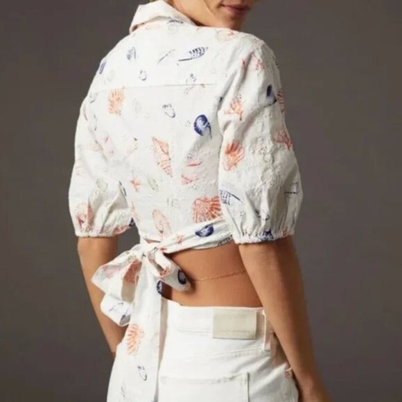 Anthropologie White Puff Sleeve Wrap Crop Blouse with Eyelet & Seashells- Size L - Picture 2 of 8